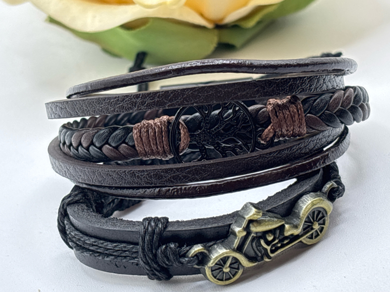 Leather Double Layered Distressed Motorcycle Bracelet / Tree of Life Magnet slide in Clasp 5 Strand Braided Bracelet sizes in description