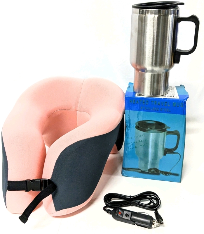 New Memory Foam Neck Pillow / Collar & New in Box Stainless Steel Heated Travel Mug for Cars (Uses Cigarette Lighter Adapter)