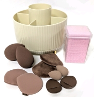 New Rotating Makeup / Brush Caddy, 10 Milk Tea Makeup Sponges & Pack of Pink Beauty Squares - Caddy 5.5" Diameter &times; 4.75"