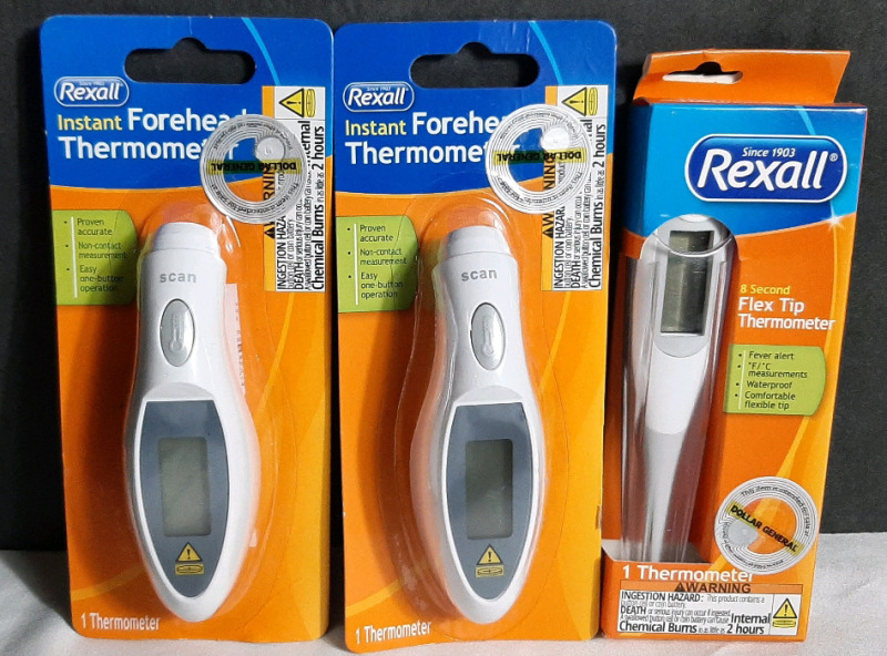 2 New Rexall Instant Forehead Thermometers & Rexall Flex Tip Thermometer