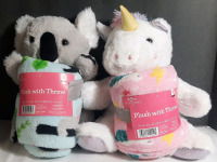 2 New Plush with Throws, Koala & Unicorn