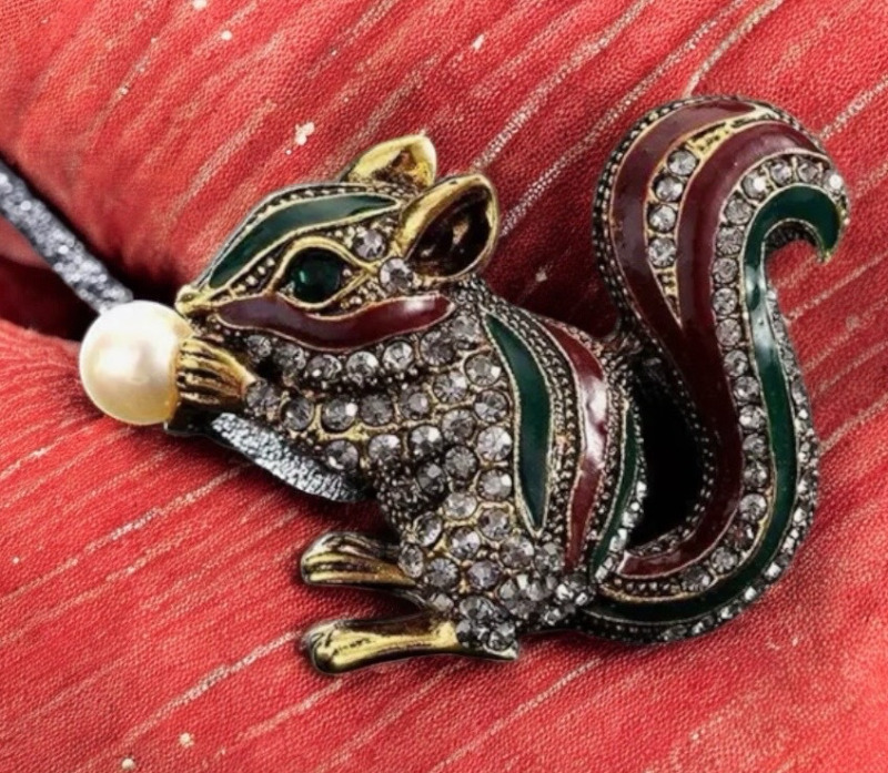Squirrel Enamel Rhinestone Brooch Adorable Holding a Pearl Approximately 2 x 1.5 Inch