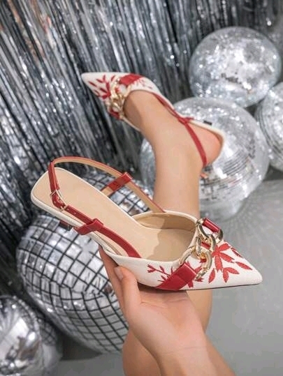 New in Box Size 37 Women's Buckle Chain Decorated Embroidered Floral Pointed-Toe Pumps With Kitten Heels