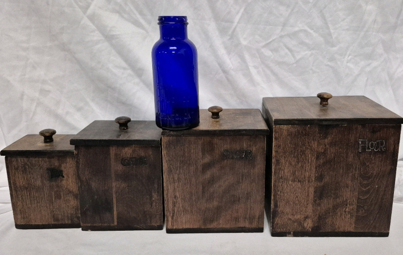 Vintage Wooden Baribocraft Canada Kitchen Boxes & Colbalt Blue Glass 6.5" Medicine Bottle Toronto, Ont