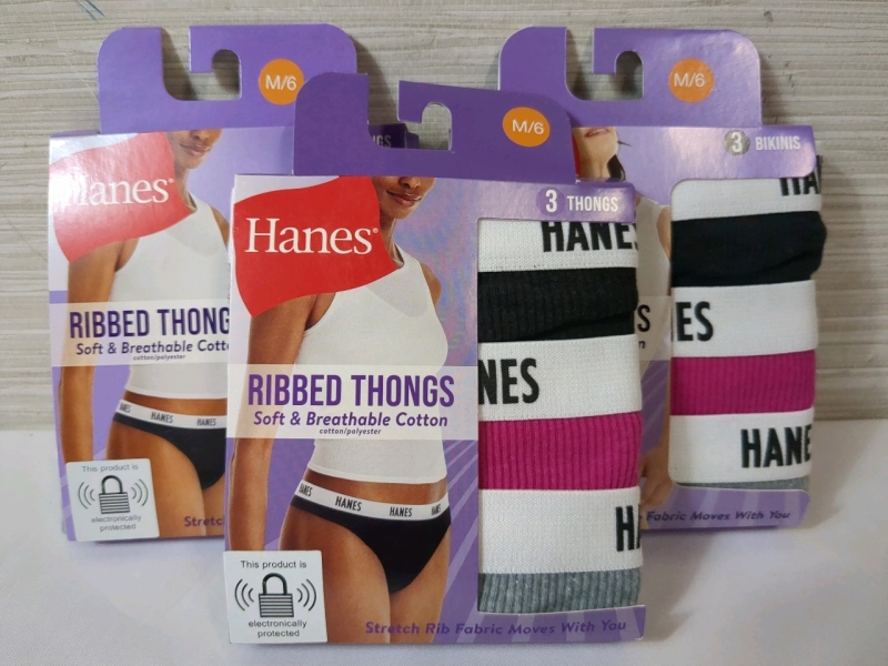 3 New 6/M Womens Hanes Ribbed Thong Underwear - 3 per Pack