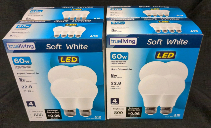 4 New Boxes True Living LED Incandescent Light Bulbs 60w/800 lumens Non-Dimmable A19 120v 3000k 4 bulbs per box