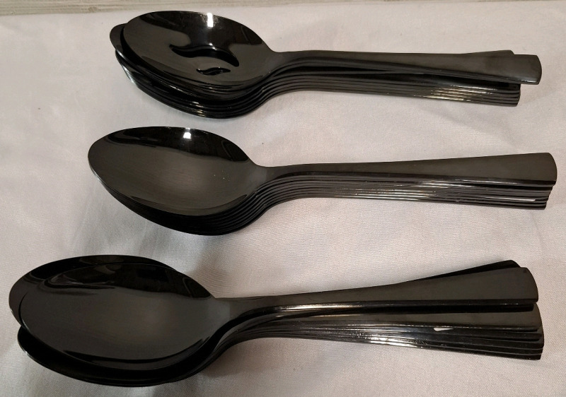 25 New Stainless Steel Black Spoons | 17 Solid Spoons & 8 Slotted Spoons | Height: 9" each