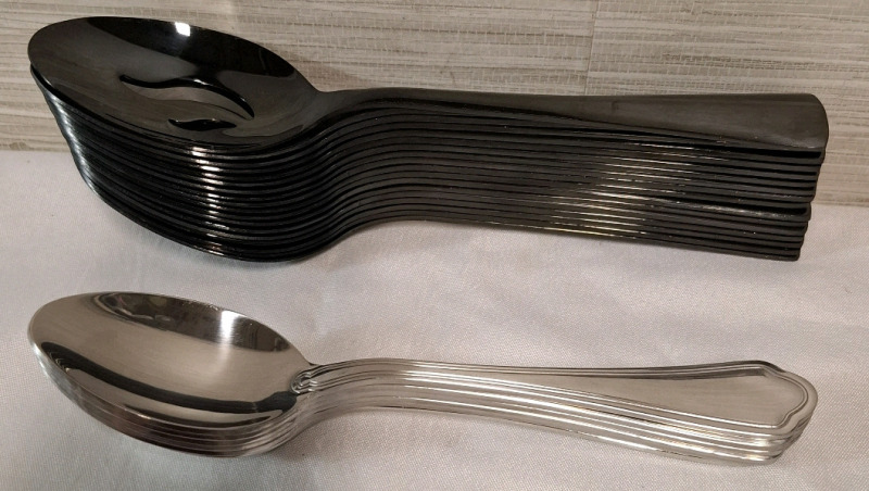 24 New Stainless Steel Spoons | 18 Black Slotted Spoons & 6 Traditional Dinner Spoons