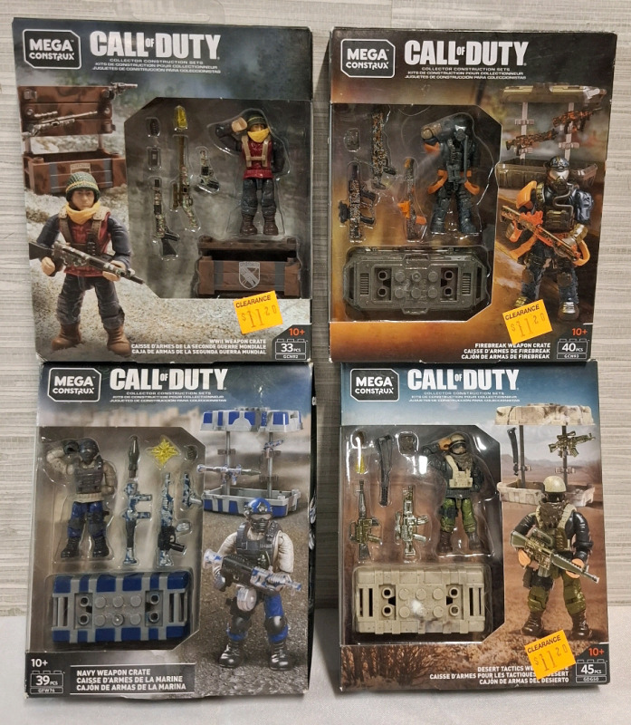 4 New Mega Construx Call of Duty Action Figure Boxes | 1 WWII Winter Crate, 1 Firebreak Weapon Crate, 1 Navy Weapon Crate & 1 Desert Tactics Weapon Crate | Package Measurements: 6" X 5"
