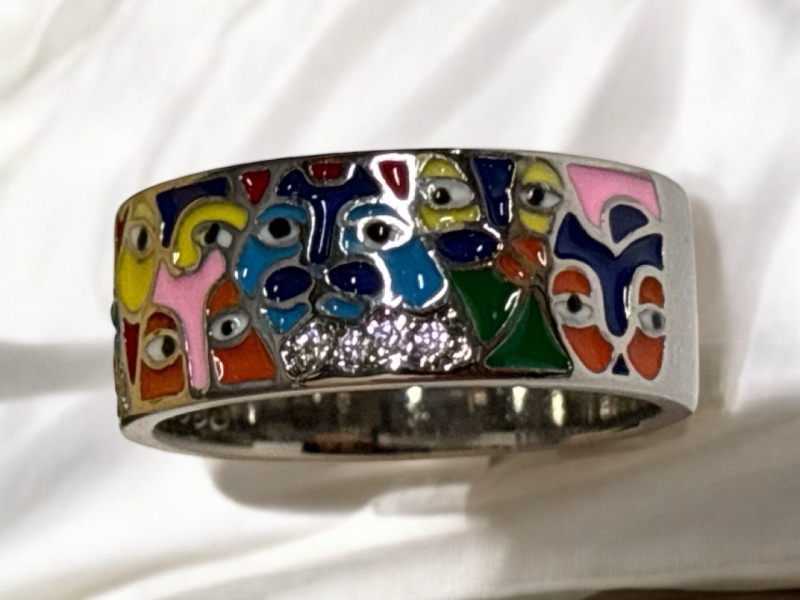 Vintage Style Enamel Eye Ring Colourful Size 9 enameled Eyes Rhinestone