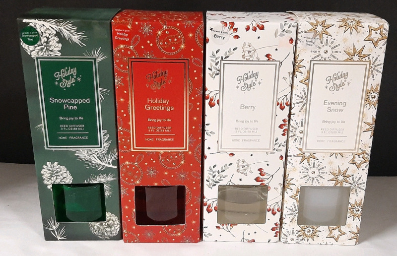 4 New Holiday Style Reed Diffusers (88ml Each, Snowcapped Pine, Holiday Greetings, Berry & Evening Snow)