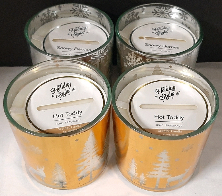 4 New Holiday Style Scented Candles (369g, Snowy Berries & Hot Toddy)