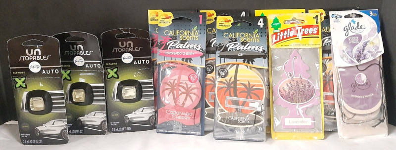 11 Car Air Fresheners, Including 3 Febreze Unstoppables Vent Clips, 5 California Scents Packs, 2 Little Trees Packs & Glade Pack
