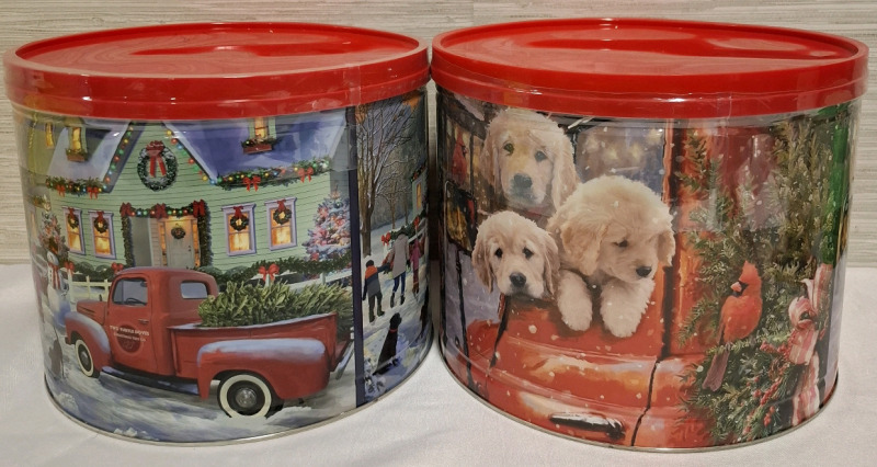 2 New Holiday Popcorn Tin |Flavors- Butter, White Cheddar & Caramel | Net WT 18.5 oz each