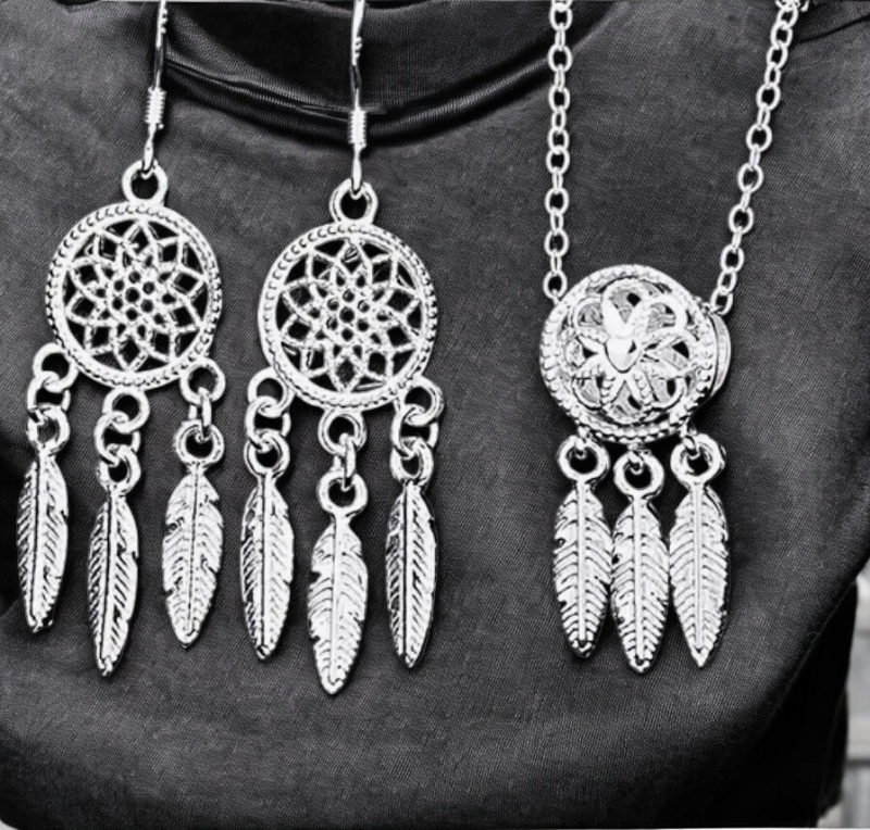 Dreamcatcher Earrings & Necklace Set 925 Silver Plated Dangle with Feather & Bead Design Approximately 2.2 In Sheppard Hooks Chain 18 Inch