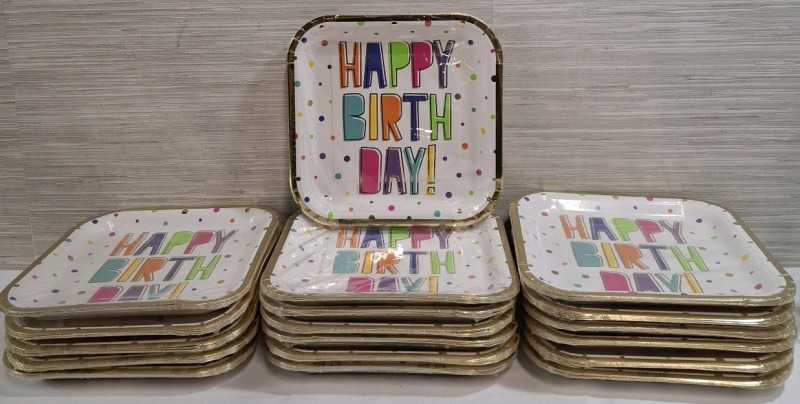 18 New Happy Birthday Themed Party Plate Sets | 8 Plates per set | Measurements: 22.2cm &times; 22.2cm