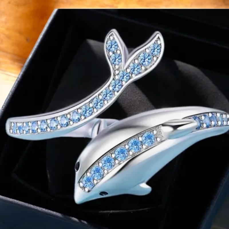 925S Stamped Dophin Ring Blue Set Stones Size 7