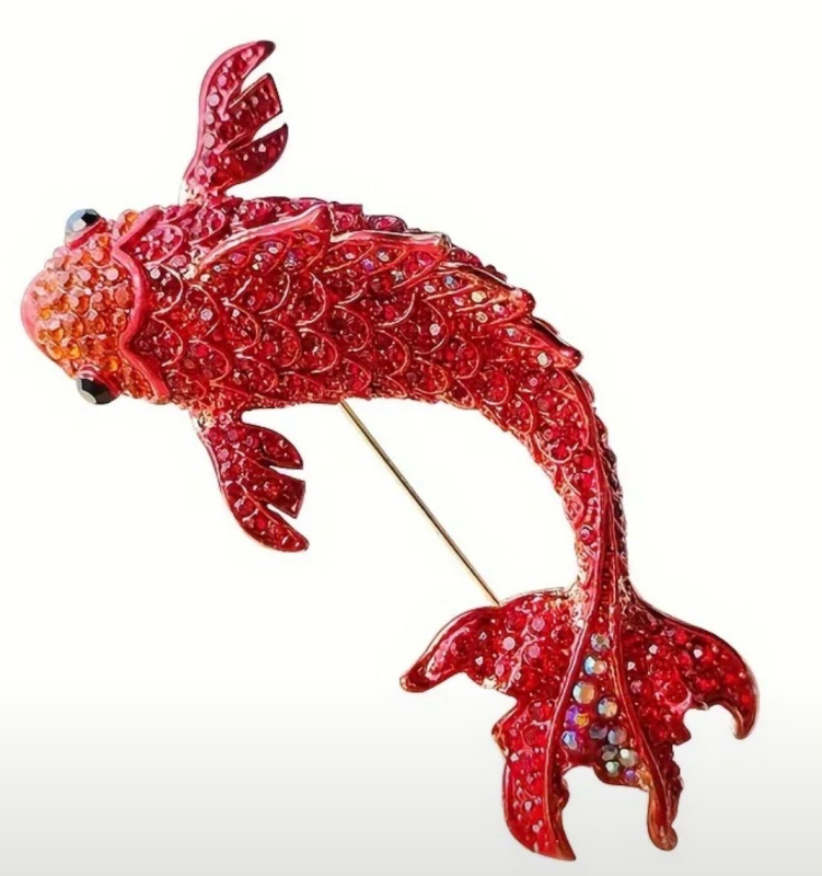 Statement Red Koi Carp Brooch with Sparkling Rhinestones<br/>Approximately 3 x 2.85 inch