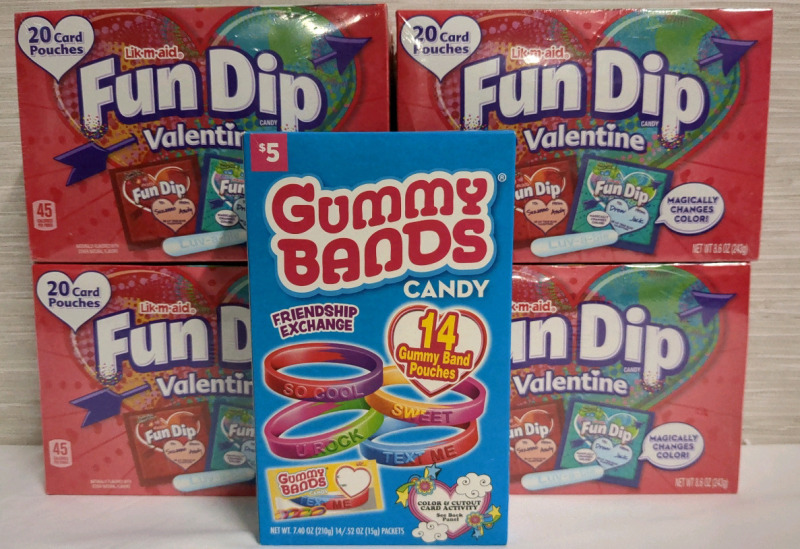 4 New Lik-M-aid Fundip Boxes & Gummy Band Candy Box