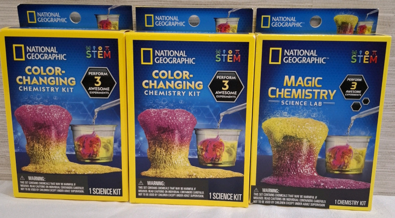 3 New in Boxes | National Geographic Color Changing Chemistry Kits | Box Measurements: 7" X 5" each