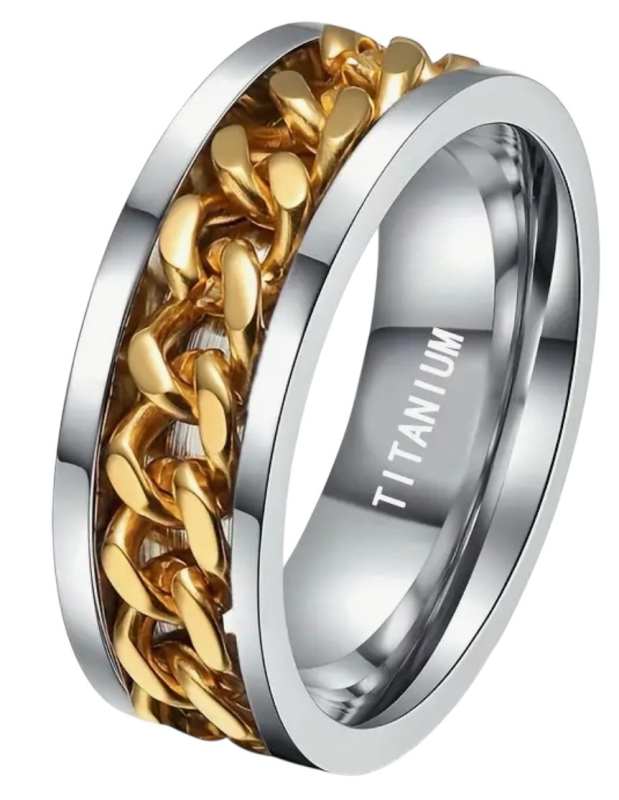 New PANASH Casual 8Mm Titanium Steel Ring with Chain Band Size 9 Signed