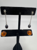 18K White GP Black Fresh Water Pearl Drops Sterling Baltic Amber Earrings