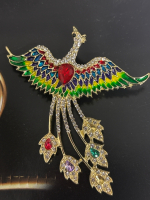 Phoenix Bird Brooch with Rhinestones and Enamel with 4 Trailing Rhinestone Tail Feathers Approximately 2.8 x 2.5 Inch
