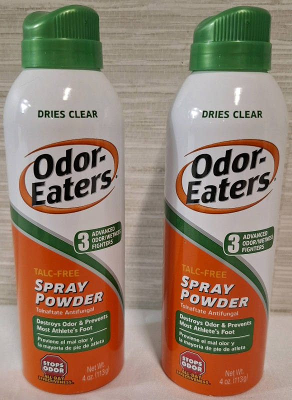 2 New Oder Eaters Talc Free Spray Powder | Tolnaftate Antifungal | Net WT 4oz each | Best Before 03/26