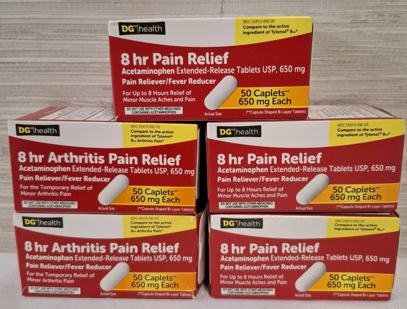 5 New Acetaminophen Extended Release Tablets USP Boxes | 650mg each tablet | 5p Caplets per box | 8hr Arthritis Pain Relief | Pain Reliever / Fever Reducer | Measurements: 3.5" x 1.8" each box | Best Before- 2026/04
