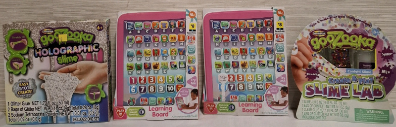 2 New Playgo Toys Learning Boards & 2 New Creative Kids goozooka holographic Slime Boxes | Best Box Measures: 9.5" X 7.5"