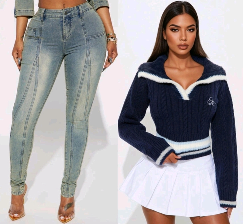 2 New Sz 13 & Sz Large Women's Fashion Nova Skinny Jeans & Varsity Sweater Retail Value $96