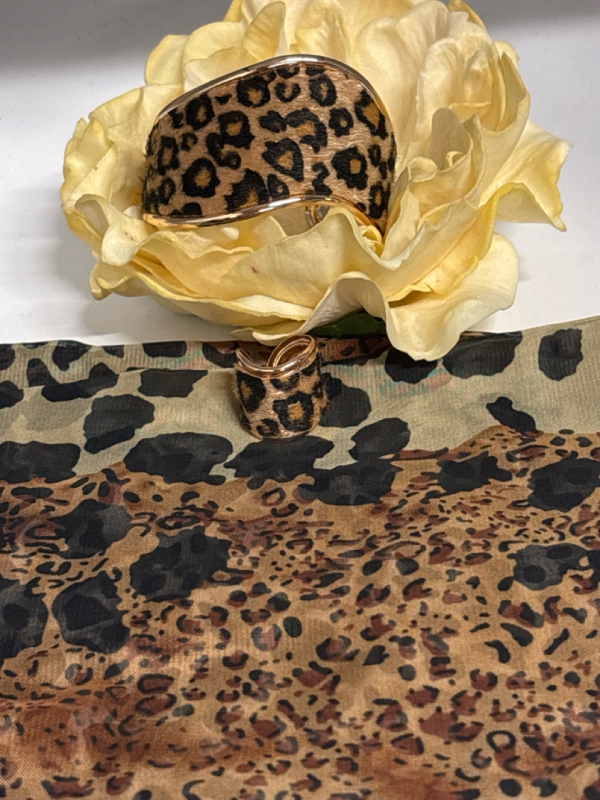 2pcs Animal Leopard Print Wide Open Cuff Bracelet and Open Wide Ring Bracelet Diameter Approximately 2.35 Inch Ring .70 Inch Leopard Print Chiffon Scarf / more in description