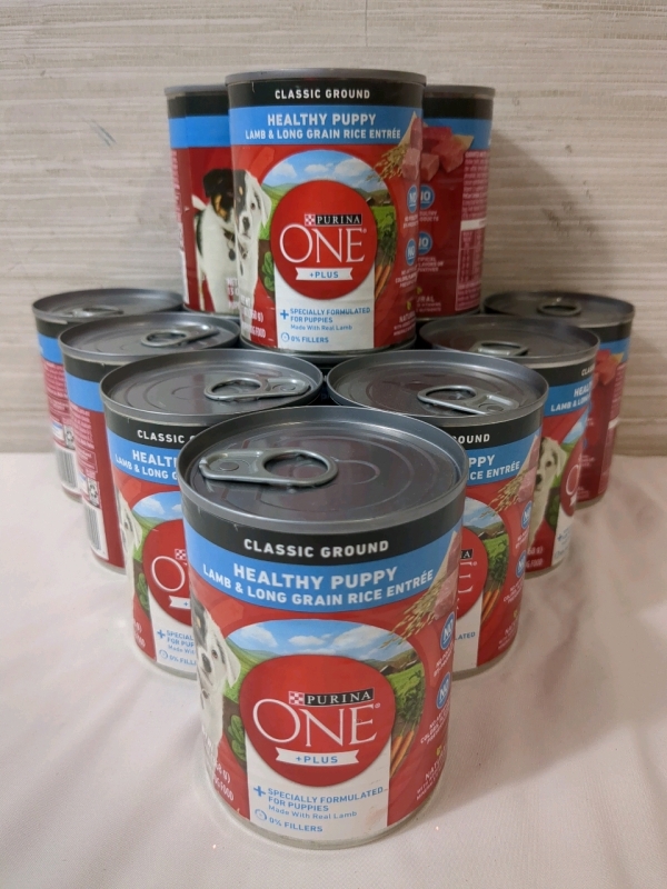 13 New Cans of Purina One +Plus Healthy Puppy Lamb & Long Grain Rice (368g Each, Best Before OCT 2025/JAN 2026)