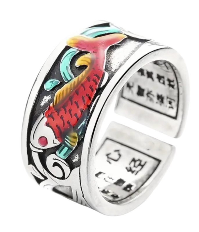 New Koi Fish Enamel Ring in Vibrant Red & Blue Copper Carp Mouth Motif Open Band Adjustable