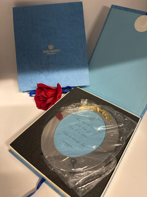 Two Authentic Japanese Pearl Mikimoto Oval Photo Frames With Authentic Cultured Pearl Orininal Box in Like New Condition The inscription reads "May life shower you with lots of love from above. Have a lovely life."