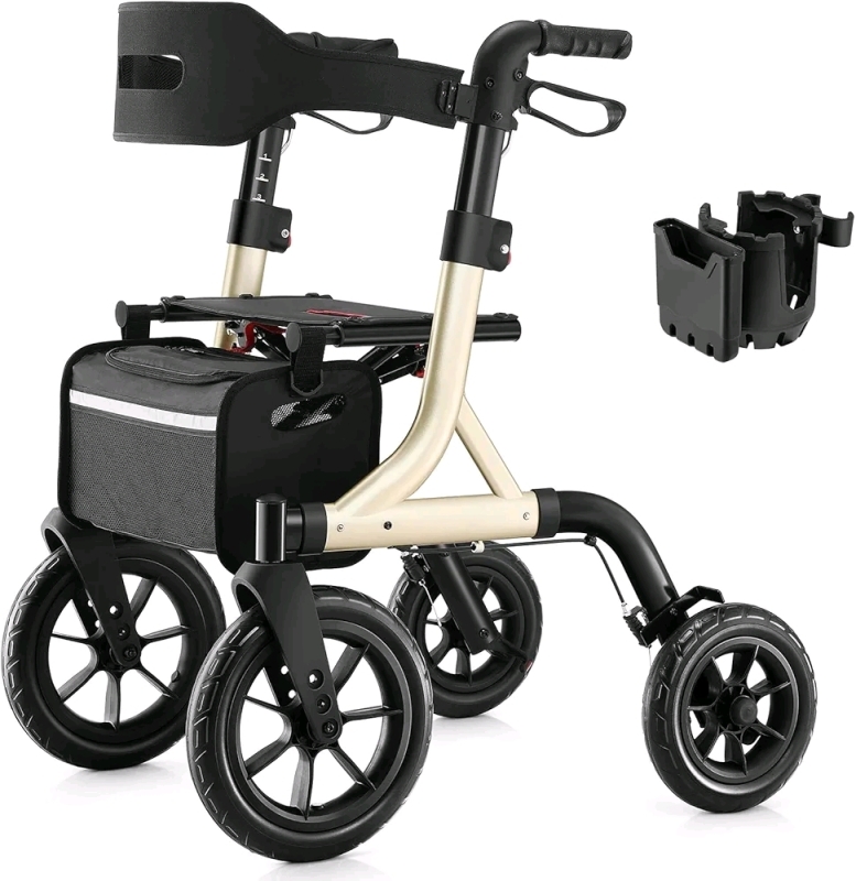 New Maxwalk Walker for Seniors, Rollator Walker with Seat, 12" Big Rubber Wheels All Terrain Rollator Walker with Backrest, Built-in Cable, Cup Holder, Foldable and Height Adjustment - Model MW2402 Retails for $239