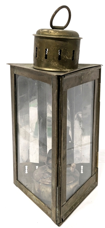 Vintage Wedge Brass and Glass Nautical Reflective Triangular Oil Lantern - 11.5" Tall Excluding Ring