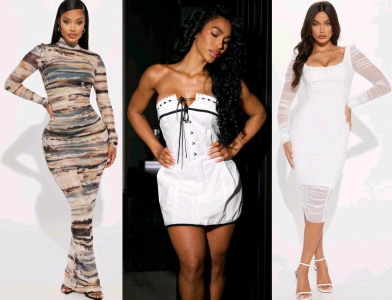 3 New Size MED Women's FASHION NOVA Dresses: Did you Mesh Ruched Midi Dress (White), Lily Mesh Maxi Dress Set (Brown/Combo), Madison Eyelet Mini Dress (White) | Over $150 Retail Value!