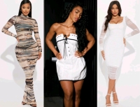 3 New Size MED Women's FASHION NOVA Dresses: Did you Mesh Ruched Midi Dress (White), Lily Mesh Maxi Dress Set (Brown/Combo), Madison Eyelet Mini Dress (White) | Over $150 Retail Value!