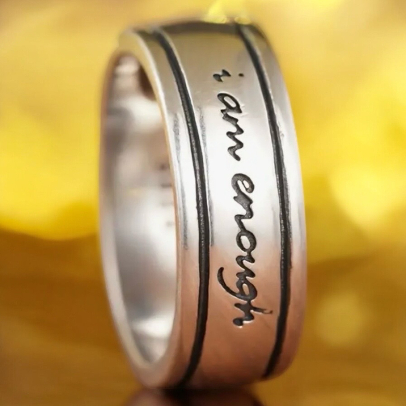 New READKISS S925 Sterling Silver Wide Face Ring "I am enough" Engraving Rhodium Plated Over Sterling Stamped Size 7