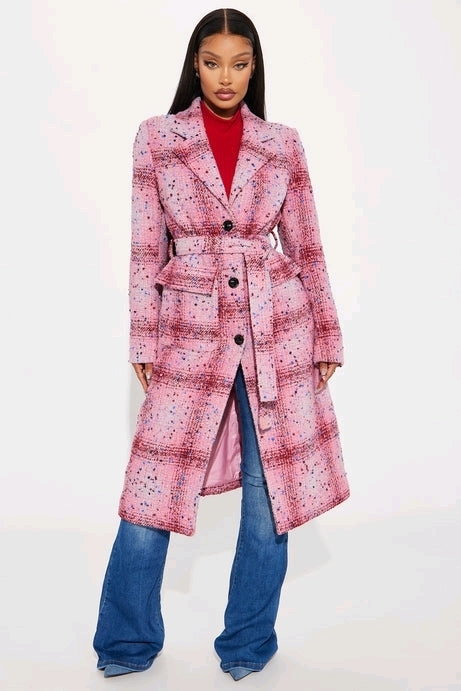 New Size MED Women's FASHION NOVA Samwell Belted Coat (Pink Combo) | Retails Over $90!