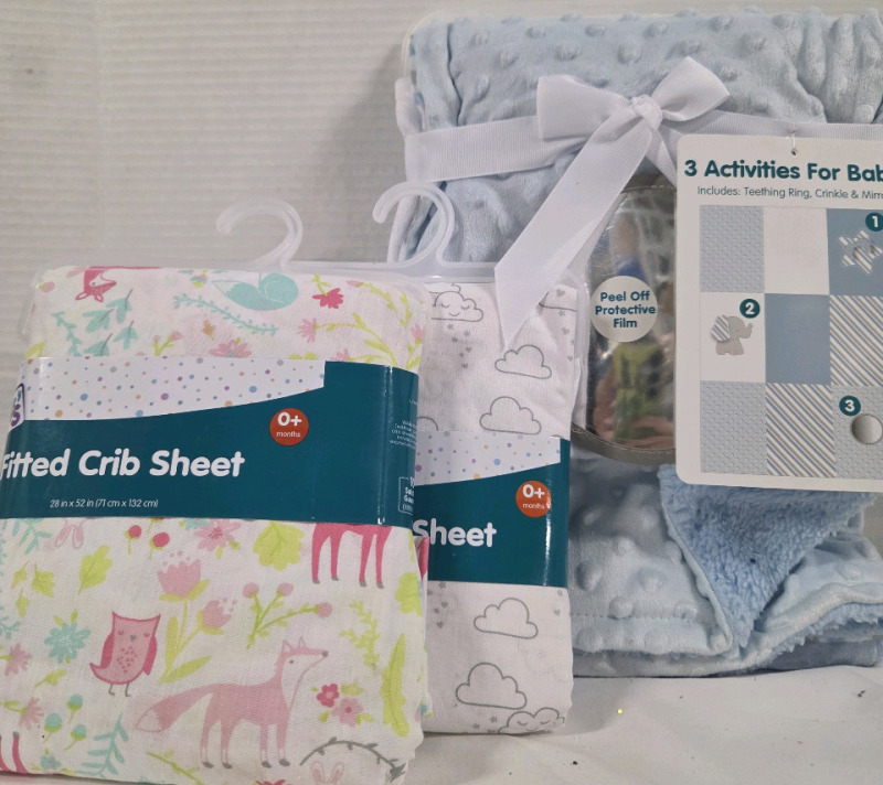 2 New Fitted 28" x 52" Crib Sheets & (1) 3 Activities Play mat