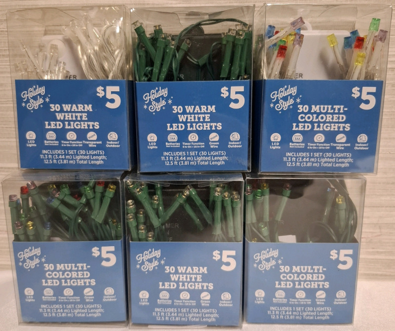 6 New Warm White LED Lights Boxes | 30 Warm LED Lights per Box | Lenght- 12.5ft each | Runs on Battery