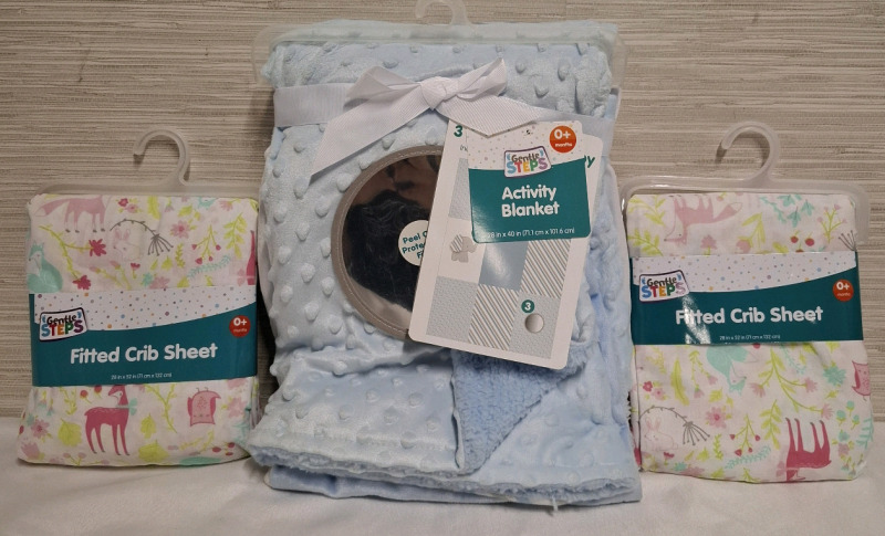 2 New Gentle Steps Fitted Crib Sheets (Measurements- 28"x 52") and 1 New Gentle Step Activity Blanket (Measurements- 20" X 40" | 0+ Months Products