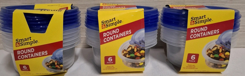 3 New Smart & Simple Round Containers Set | 6 Pack Each Set | 428ml Each