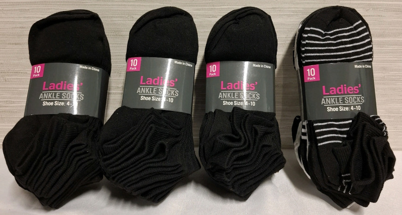 4 New Ladies Ankle Sock Bundles | 10 Pack per Bundle | Shoe Size - 4 to 10 | Fabric - 95% Polyester / 5% Spandex