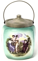 Vintage Hallmarked A&G English Porcelain Biscuit Barrel / Cracker Jar With Classical Art On All Sides - EPNS Lid, Rim & Handle - 6.75" Tall