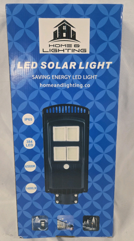 New In Box | Home & Lighting Outdoor LED Solar Lights w/Remotes . Motion Sensor Brightness , 14000LM (100watts) , 6500k , Shine Angle 180&deg; Light measures 19 3/4"&times;8 3/4" | Similar Products Retail $139.99 *