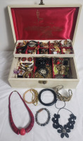 Vintage 2-Tier Jewelry Box w/Jewelry . Necklaces , Brooches , Bracelets & Earing Sets .