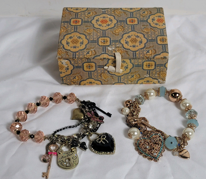 Two (2) Betsey Johnson Signed Bracelets w/Small Jewelry Box